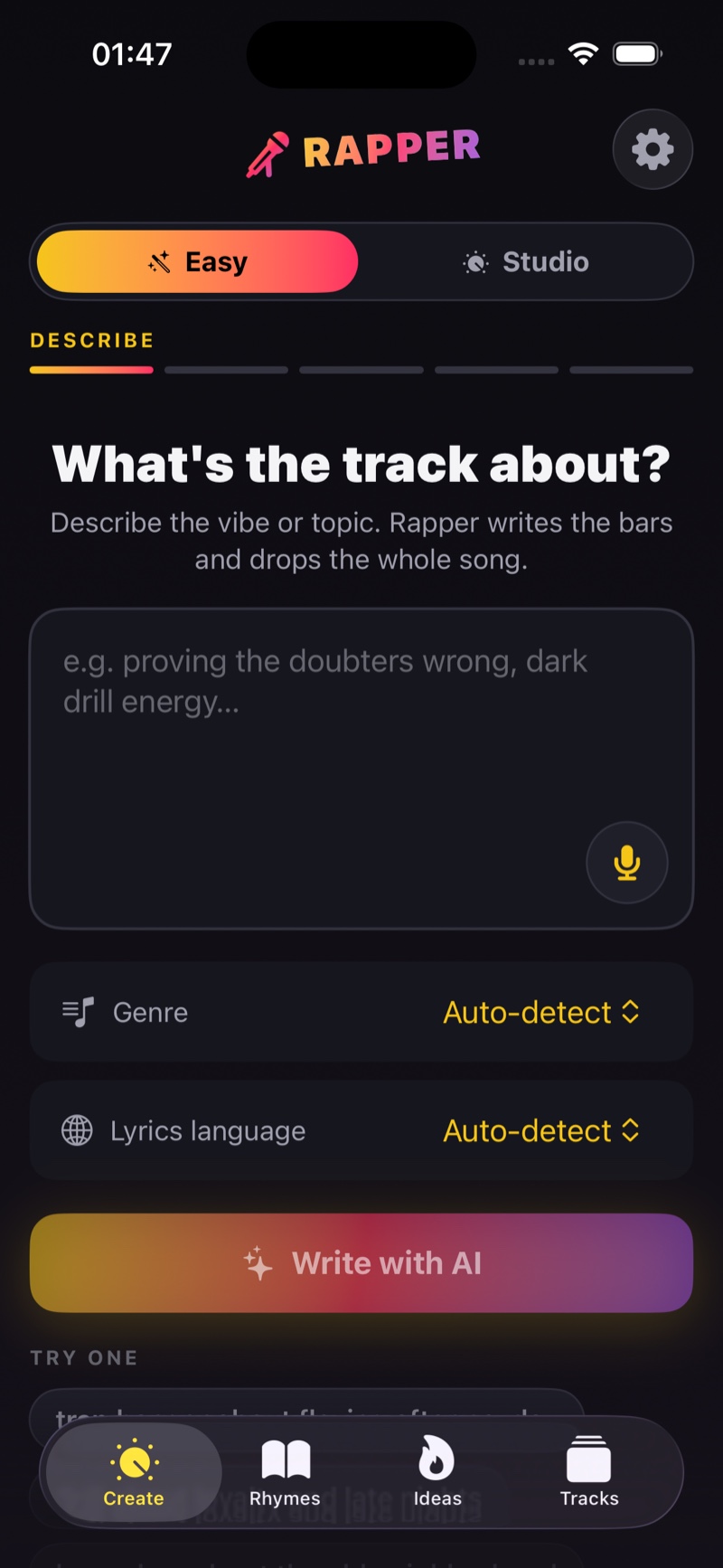 Rapper's Easy mode: describe the track, pick a genre, tap Write with AI