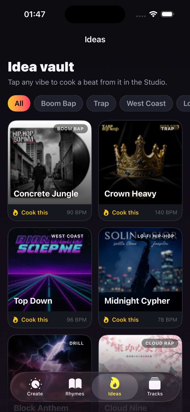 Idea vault with starter ideas by genre